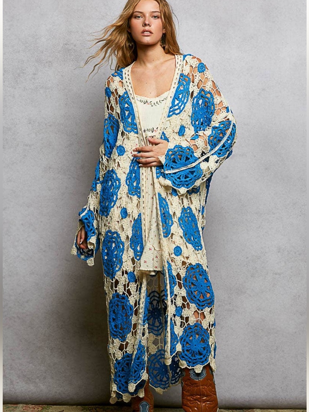 POL Blue Aura Crochet Maxi Cardigan